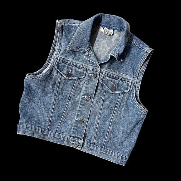 Vintage Denim Vest Sleeveless Jacket Small Blue Cotton NY Jeans Hong Kong Y2K - Picture 1 of 8